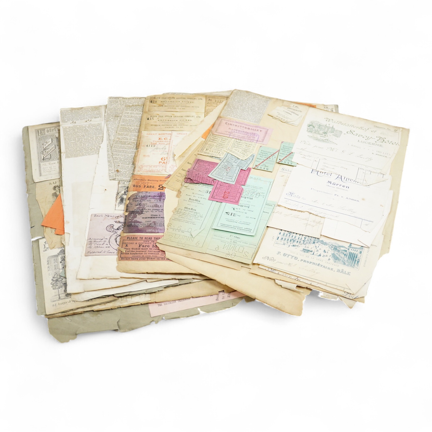 A collection of 19th century railway and shipping luggage labels, tickets, newspaper cuttings, etc. including; Clifton Suspension Bridge tickets, Exeter Tramways, Lyndon and Lynmouth Cliff Railway, the S.S. Alexandria ex